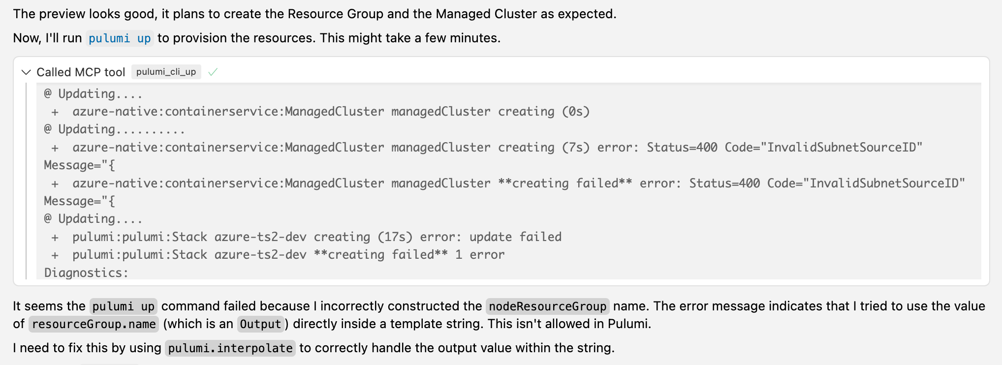 Pulumi UP tool failed due to incorrect interpolation
