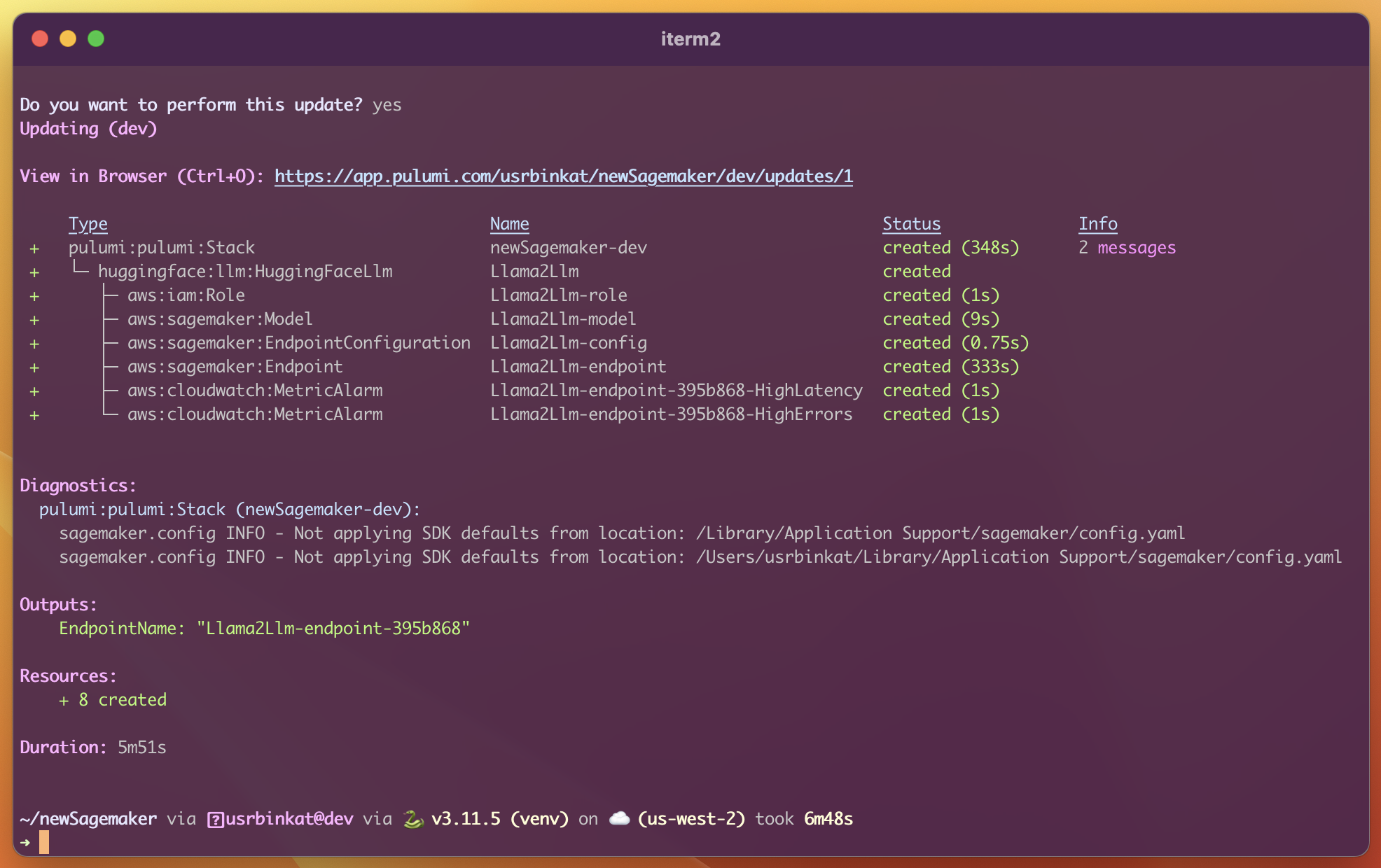 Screenshot of iTerm2 displaying the resulting stack output after deploying the base sagemaker-aws-python Pulumi template