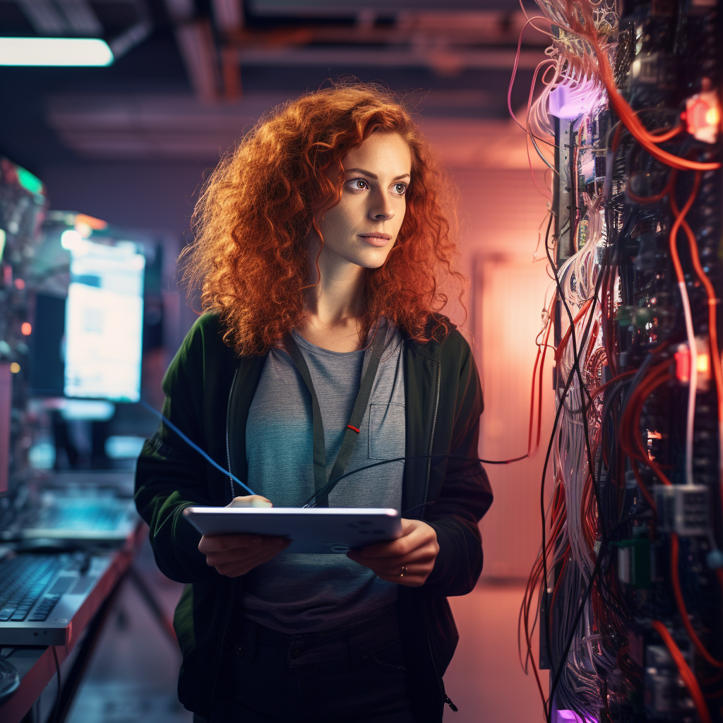 Midjourney generated image of an diffusion generated machine learning research engineer working among cables, computers, keyboards, and screens, in the glow of electronic lights. Image was generated from a prompt produced by LlaMa 2 Katwalk server based on this blog post content and a few superficial details about the author.