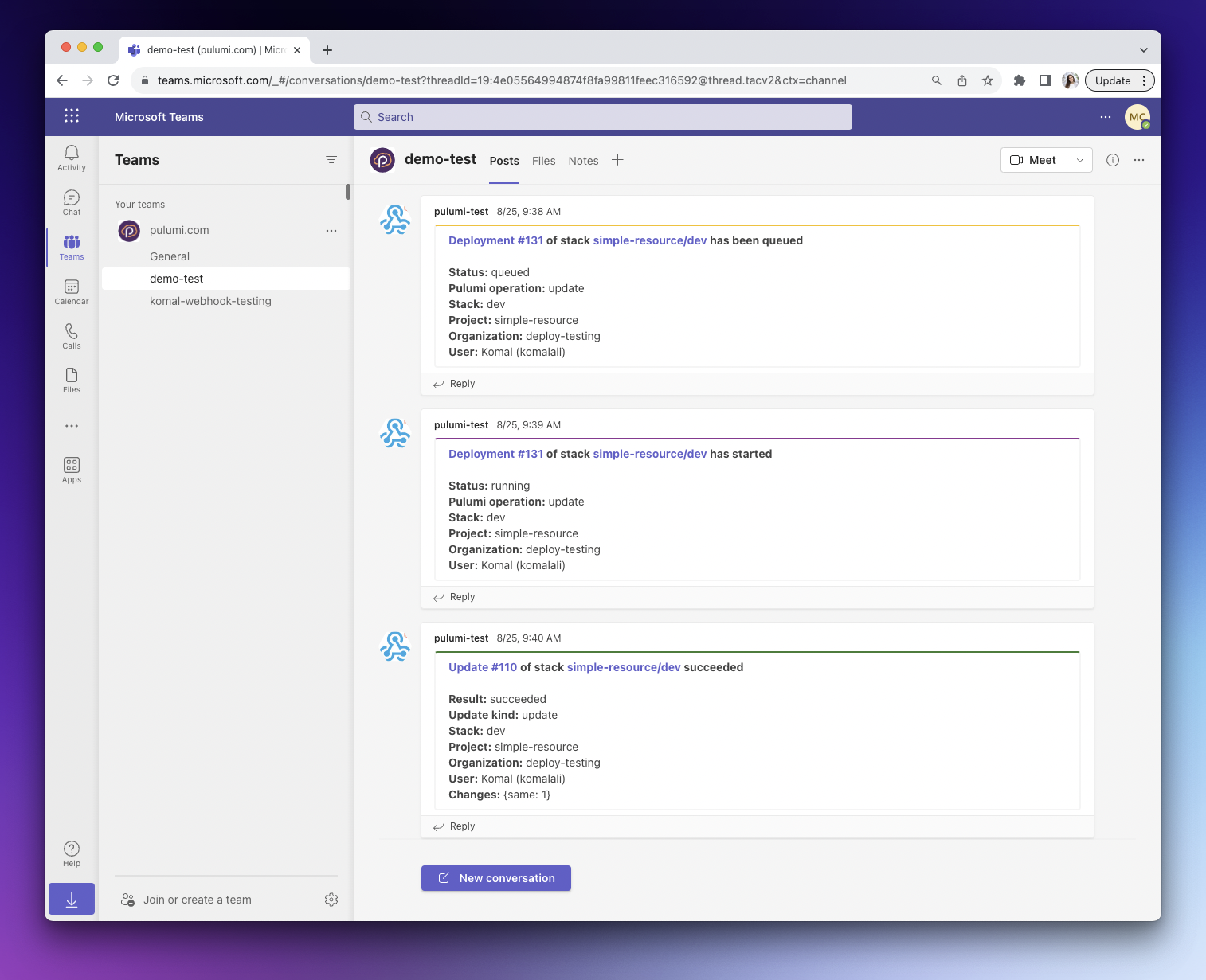 Example of the notifications in Microsoft Teams