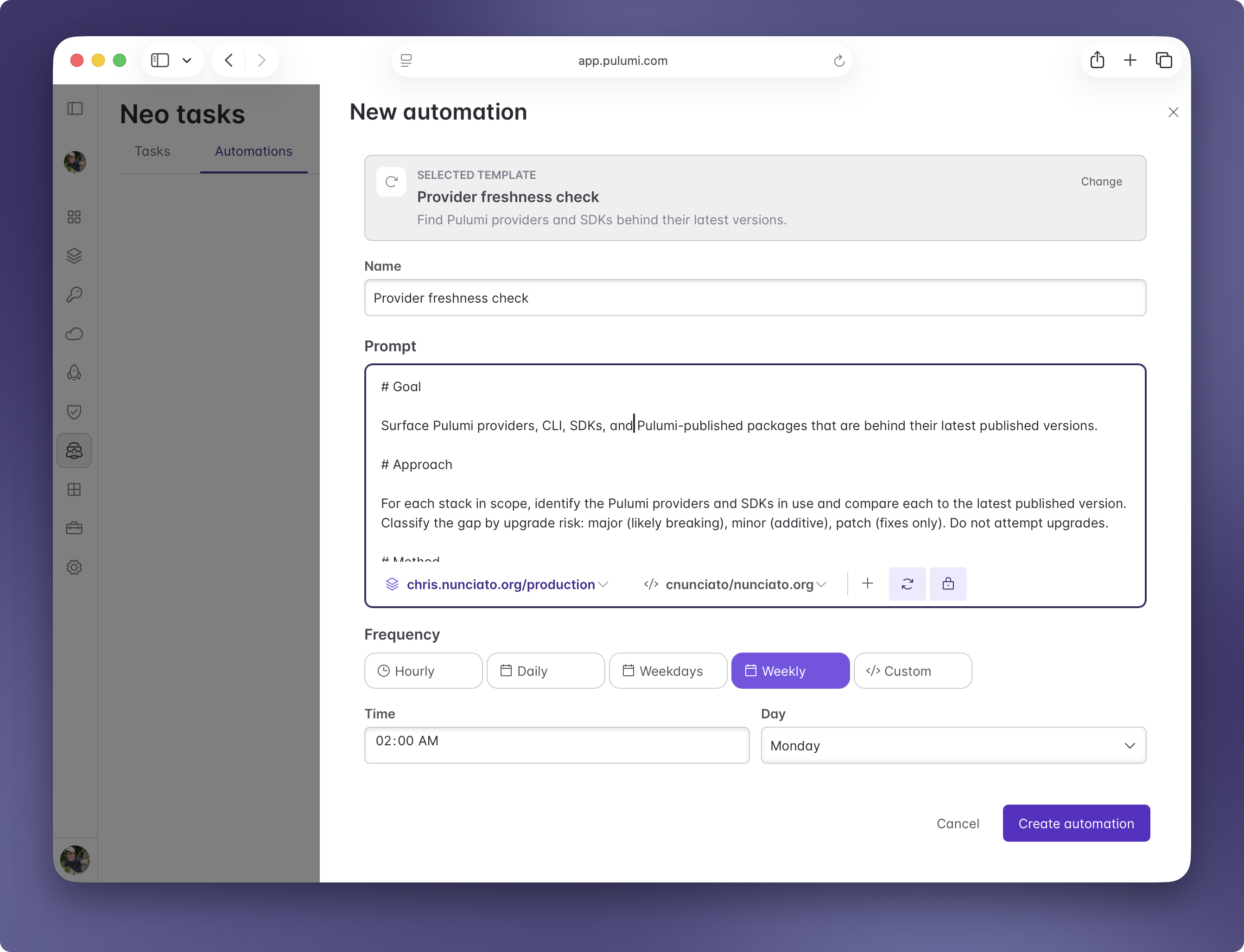 Setting up a scheduled task for Pulumi Neo