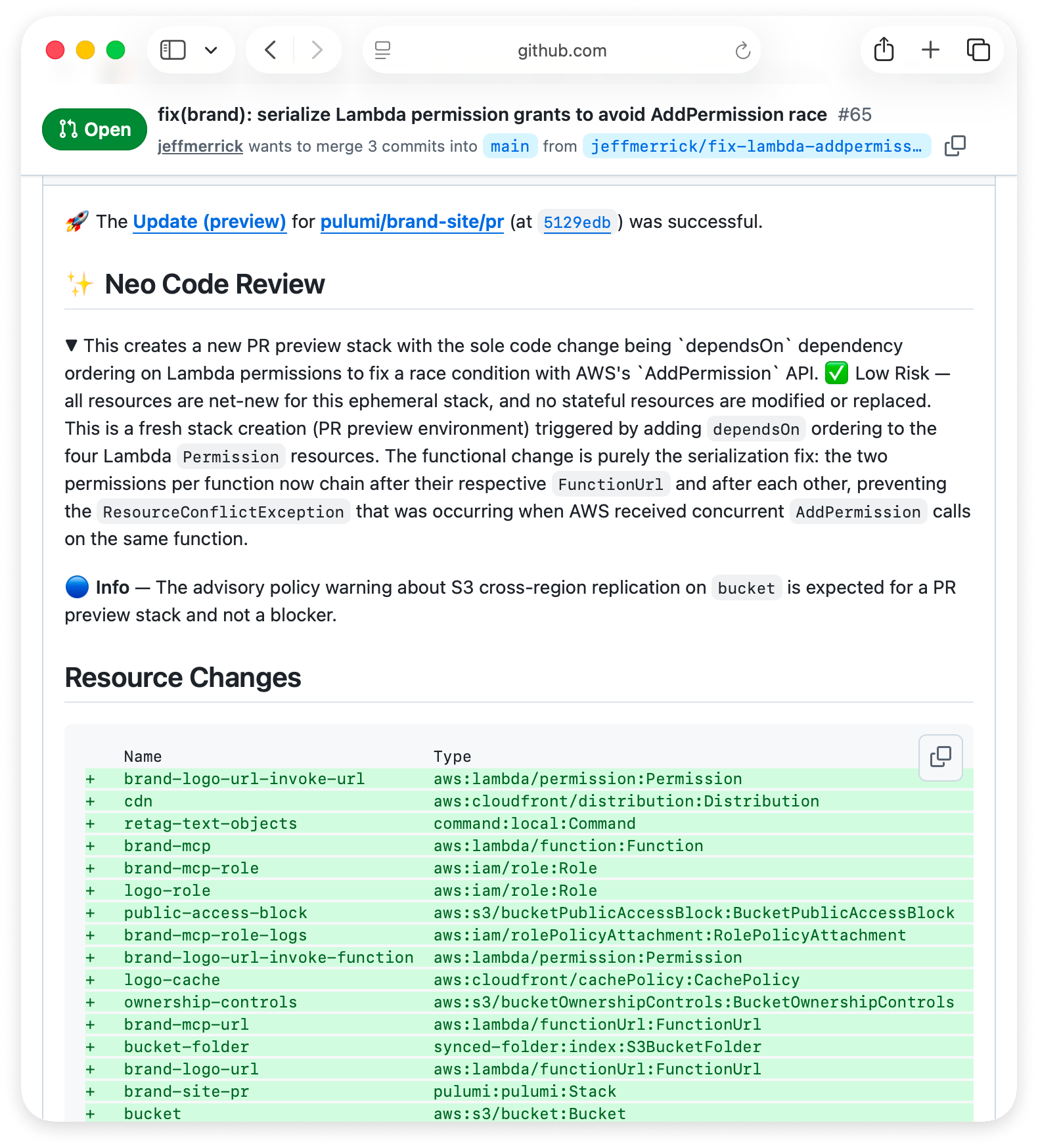 Neo code review on a GitHub pull request, showing a risk assessment and the resource changes the update would make