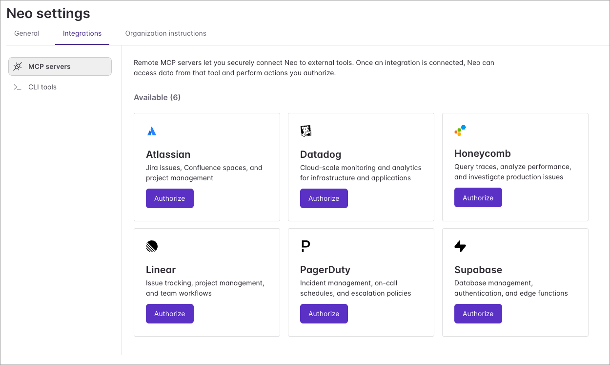 Neo Settings showing the six available MCP integrations: Atlassian, Datadog, Honeycomb, Linear, PagerDuty, and Supabase