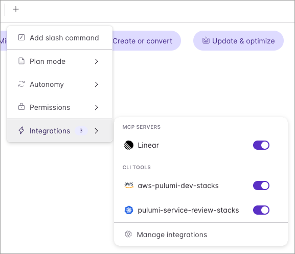 Neo task composer showing the Integrations menu with toggles for the Linear MCP server and two connected CLI integrations