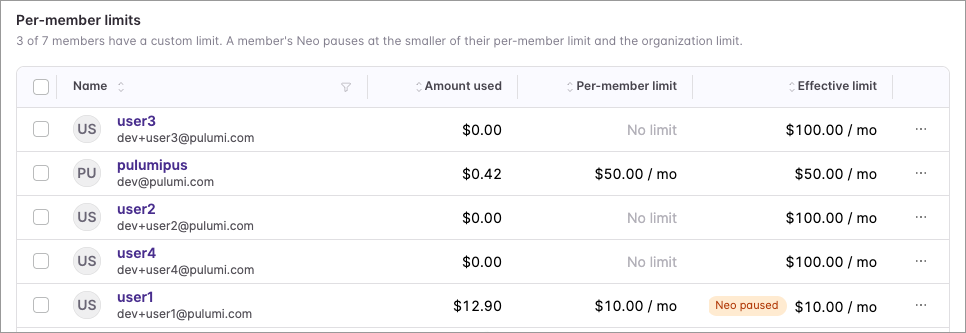 The per-member limits table, showing each member&rsquo;s amount used and effective limit for the billing period.