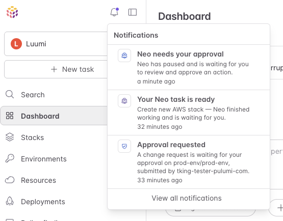 Notification bell dropdown