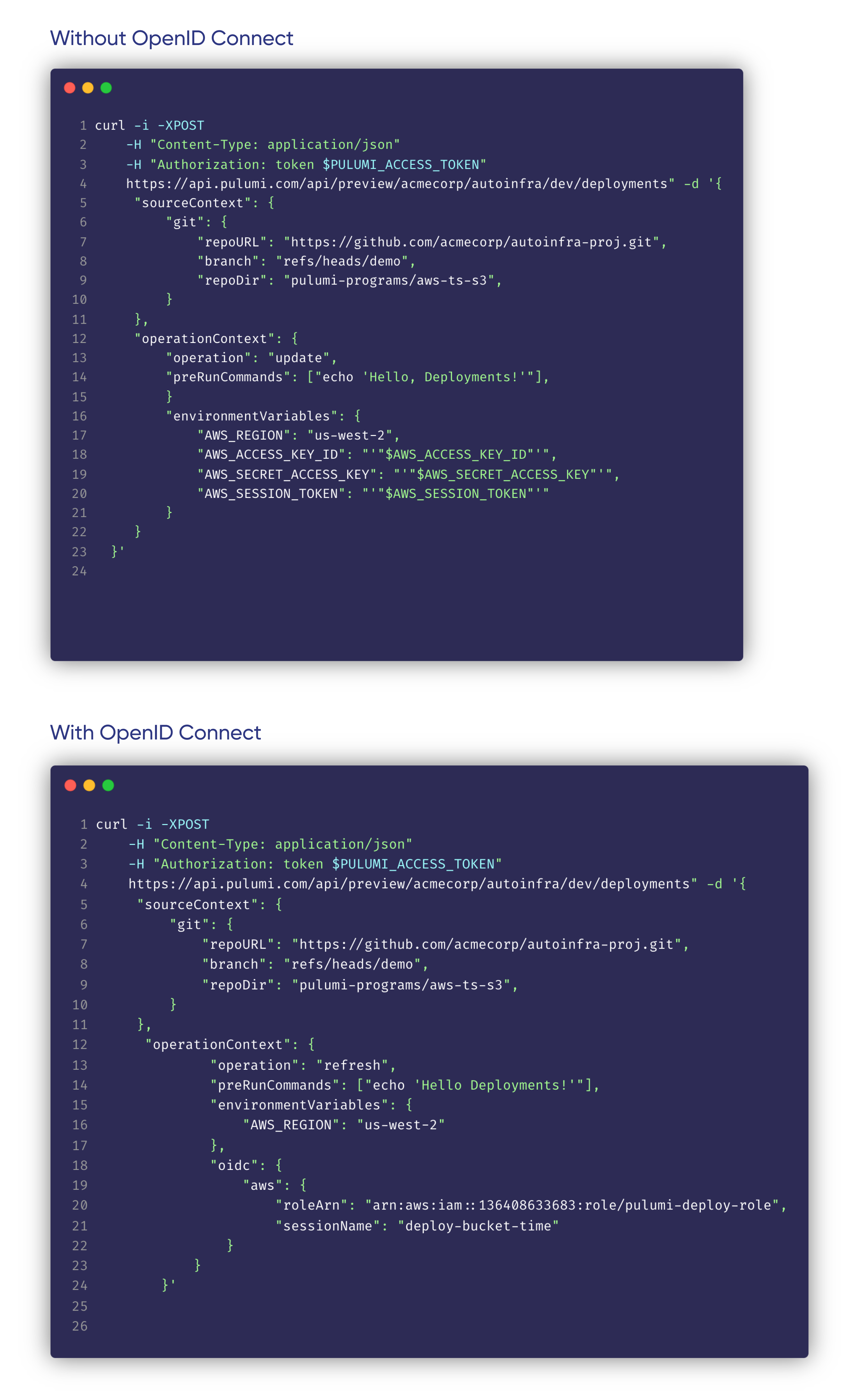 Deployment REST API payload before and after