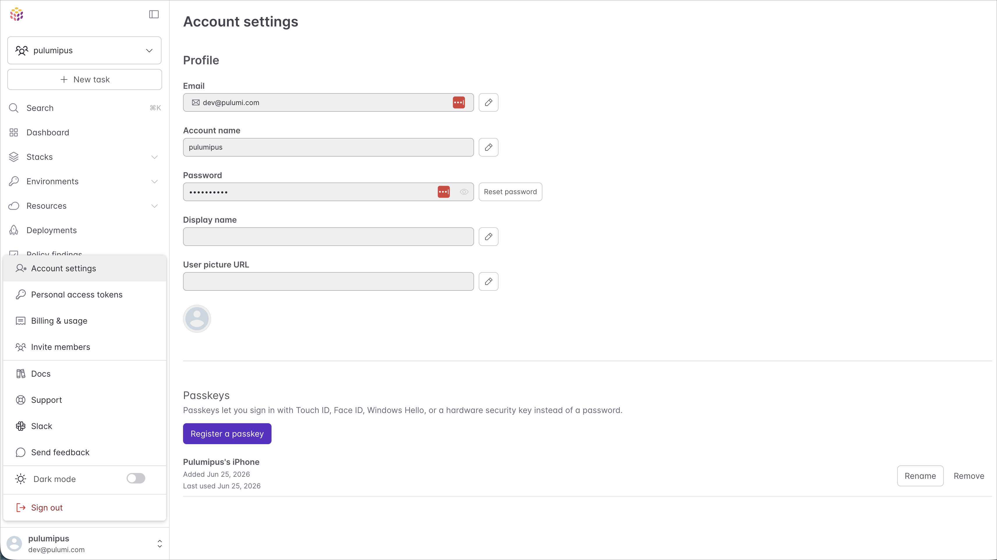 Pulumi Cloud Account Settings page showing the Passkeys section, with a “Register a passkey” button and an enrolled passkey named “Pulumipus’s iPhone”.