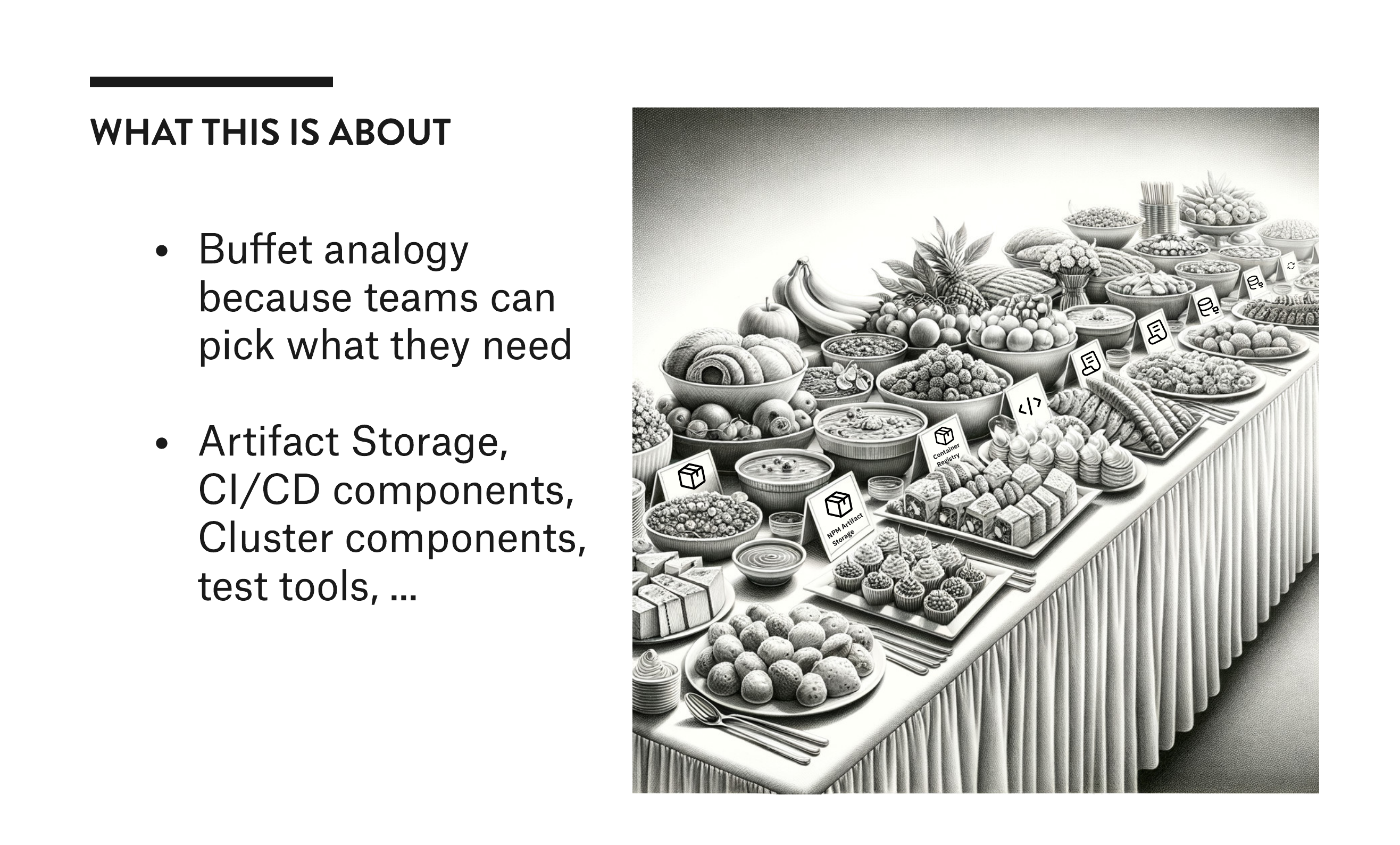 Buffet visualization with labeled containers showing NPM Artifact Storage, Container Registry, and various infrastructure components