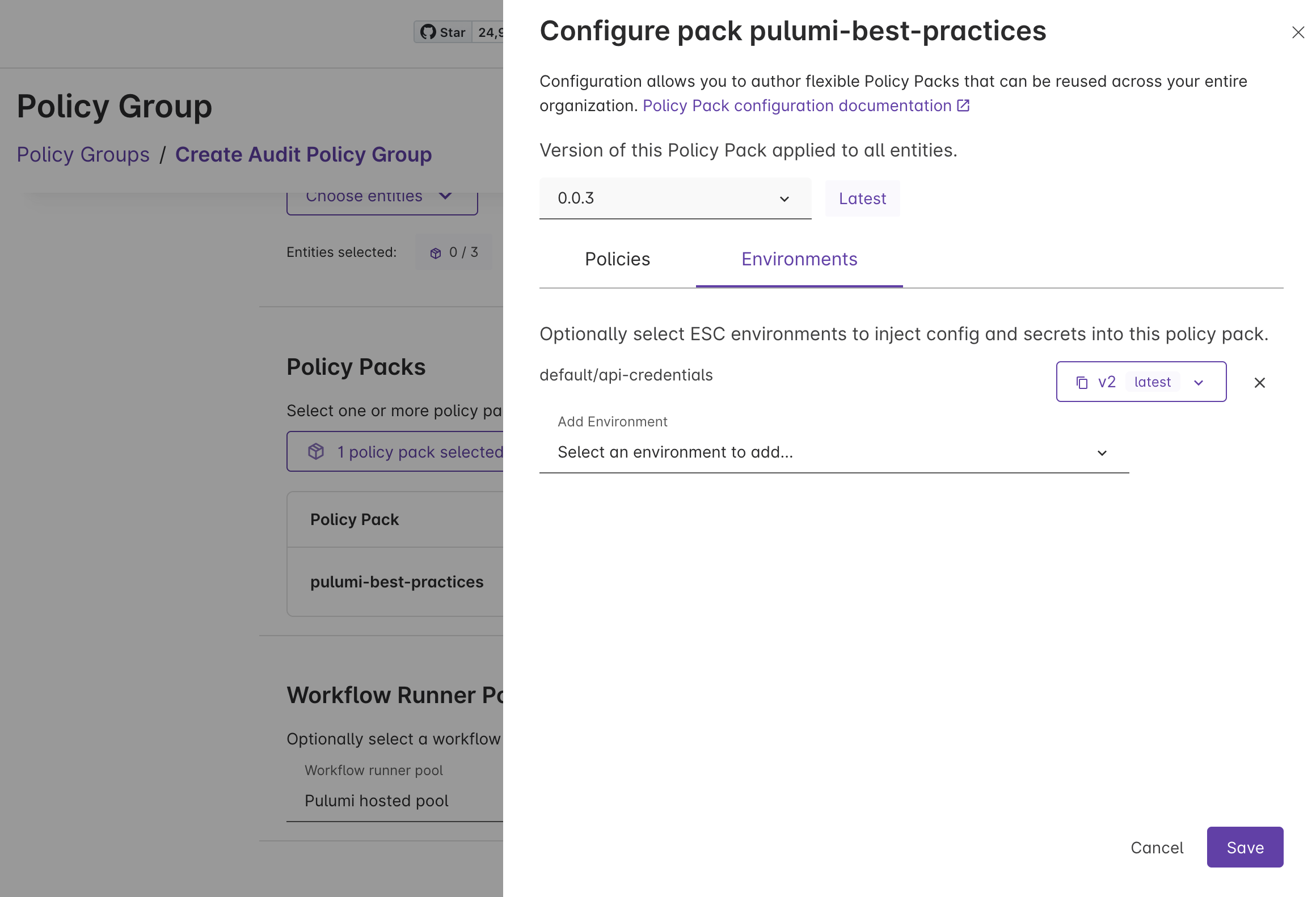 Configuring ESC environments on a policy pack in the Pulumi Cloud console