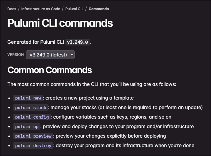 Version selector near the top of the Pulumi CLI command reference