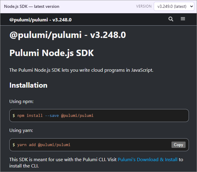 Version selector in the upper-right corner of the Pulumi Node.js SDK API docs