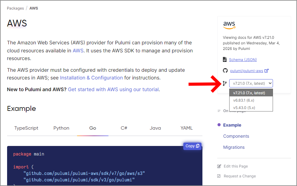 Version selector dropdown in the Pulumi Registry