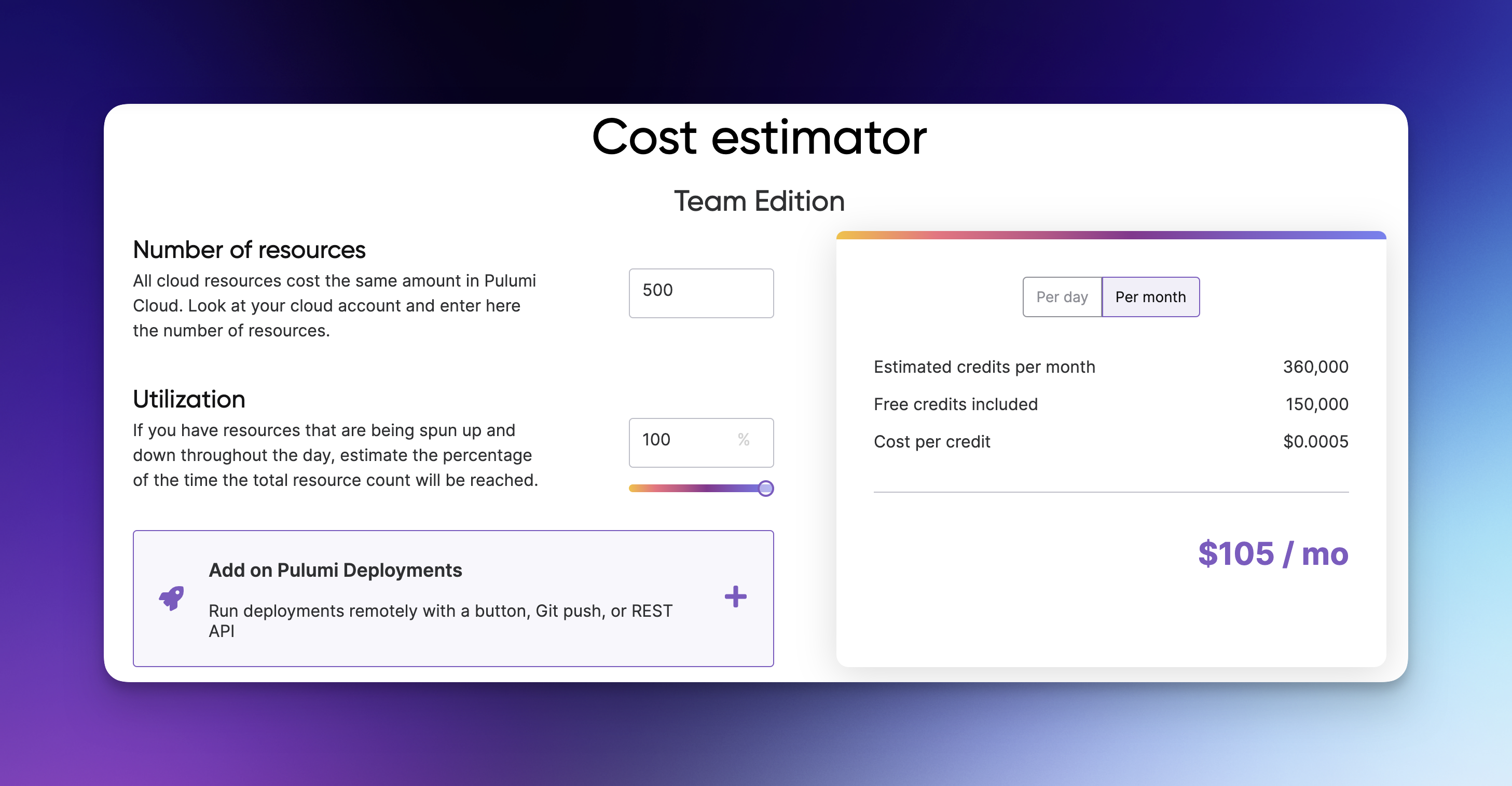 Screenshot of the pricing calculator