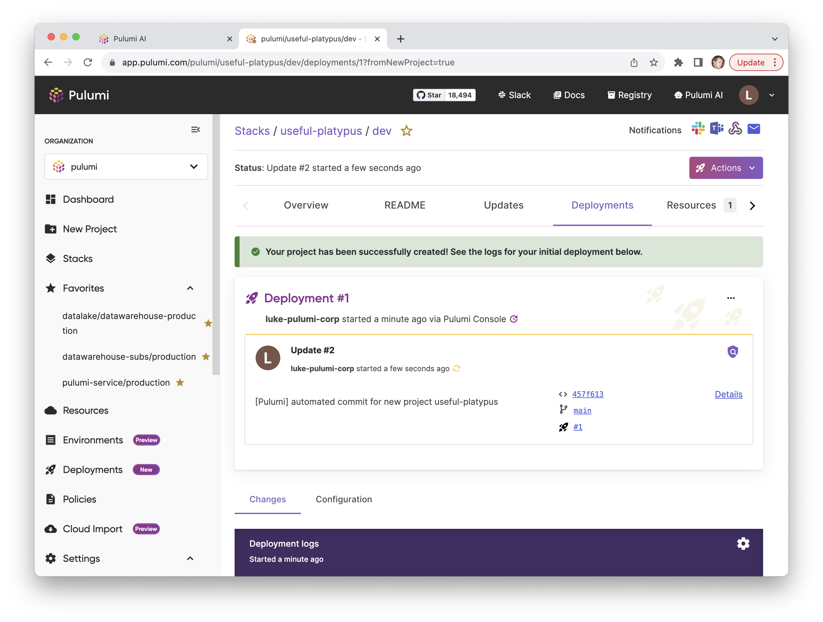 Pulumi Deployments for a Pulumi AI project