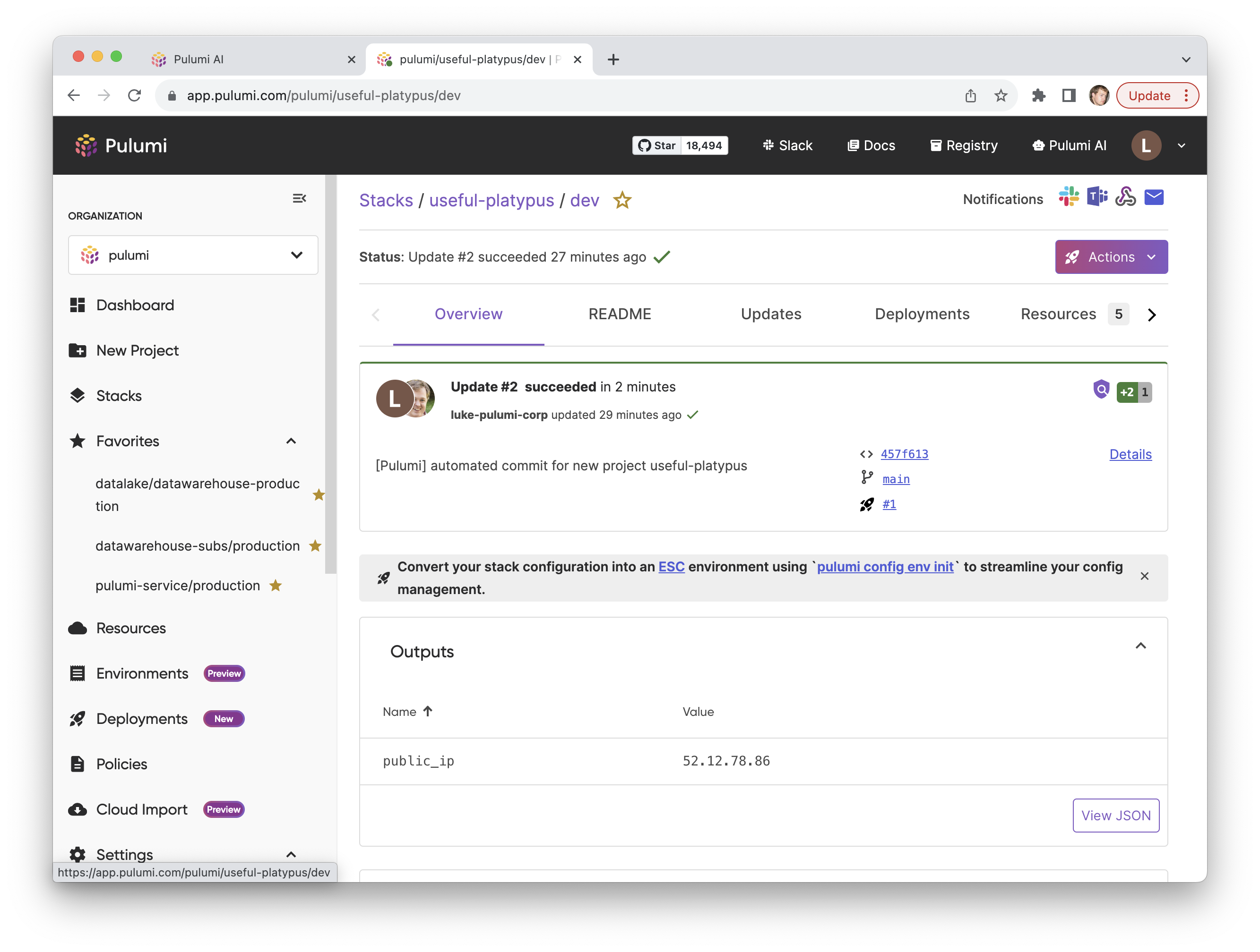 The Stack created for a Pulumi AI project