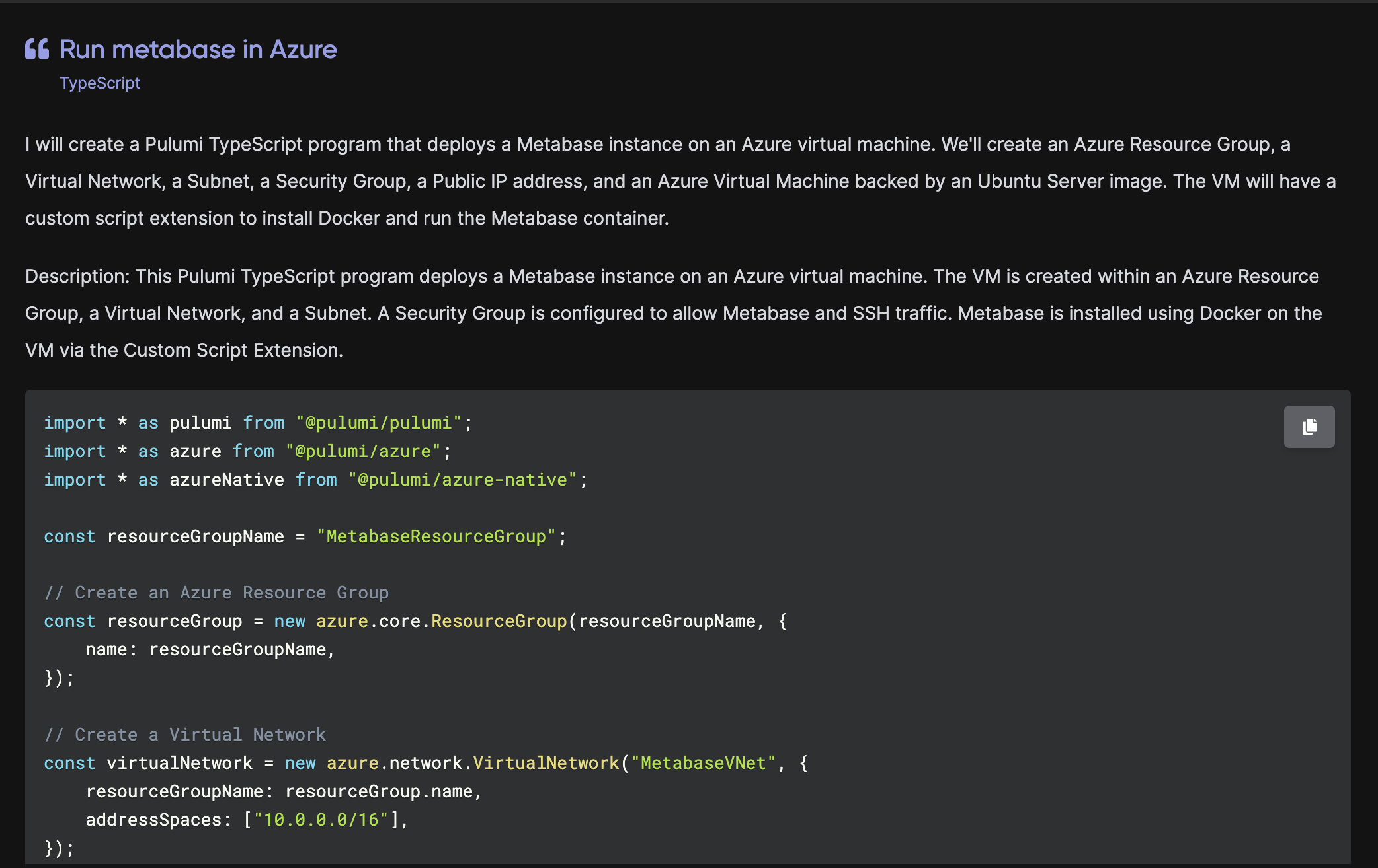Pulumi AI response to Run metabase in Azure, using TypeScript