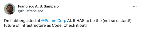 I'm flabergasted at @PulumiCorp AI. It HAS to be one the (not so distant!) future of Infrastructure as Code.  Check it out!