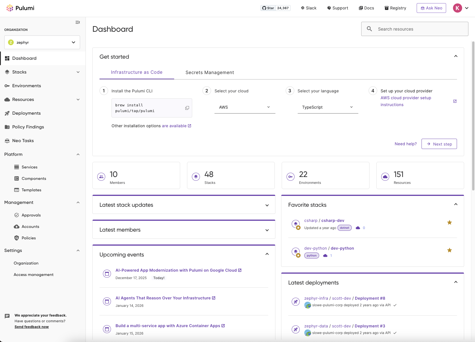 Screenshot of Pulumi Cloud dashboard in light mode