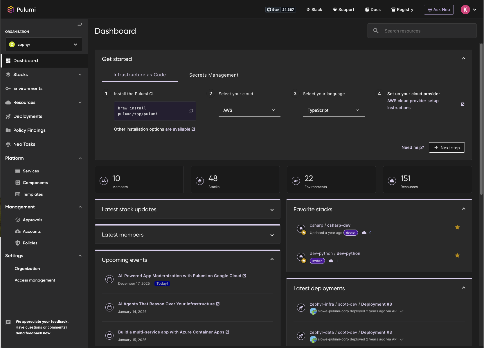 Screenshot of Pulumi Cloud dashboard in dark mode
