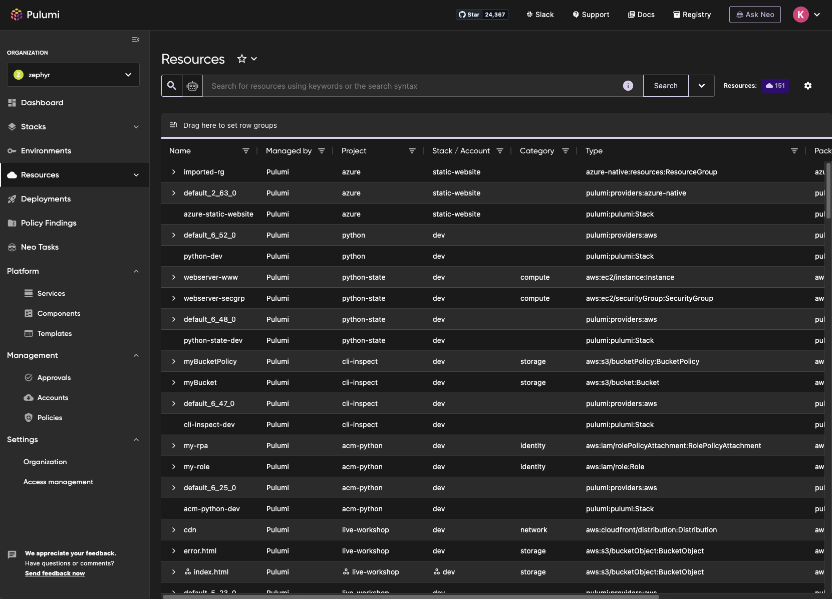Screenshot of Pulumi Cloud Resources page in dark mode
