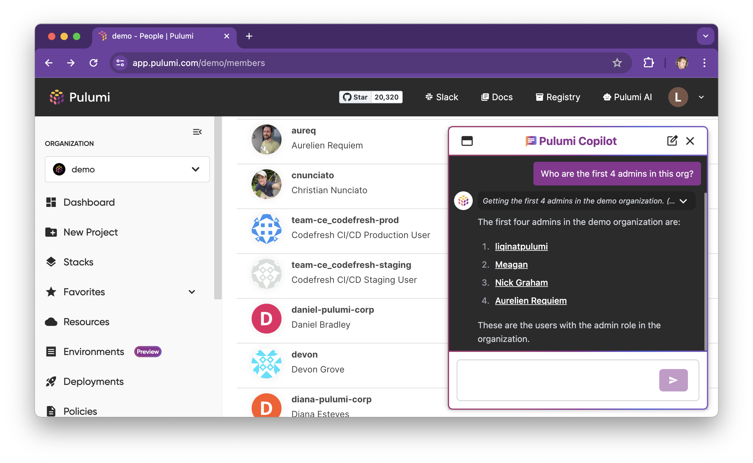 Pulumi Cloud screenshot with copilot window open. The dashboard depics the Admins in the Console