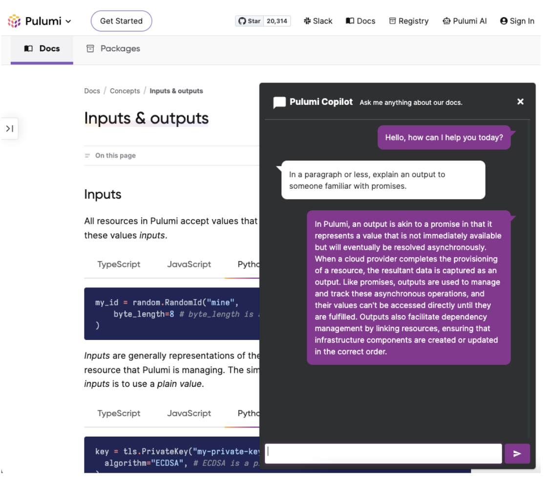 Pulumi Copilot integrated with Pulumi Docs website