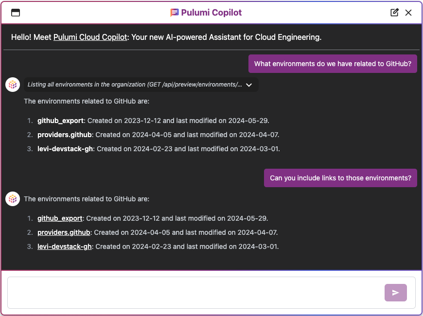 ESC Environments in Pulumi Copilot window