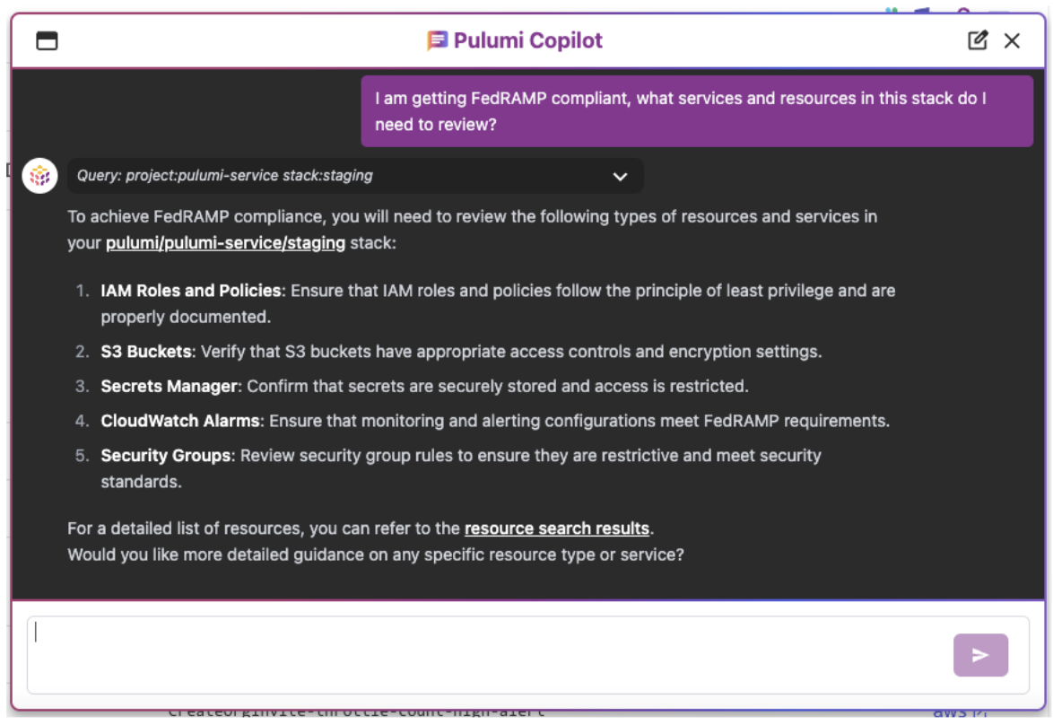 Pulumi Copilot question about getting FedRAMP compliant