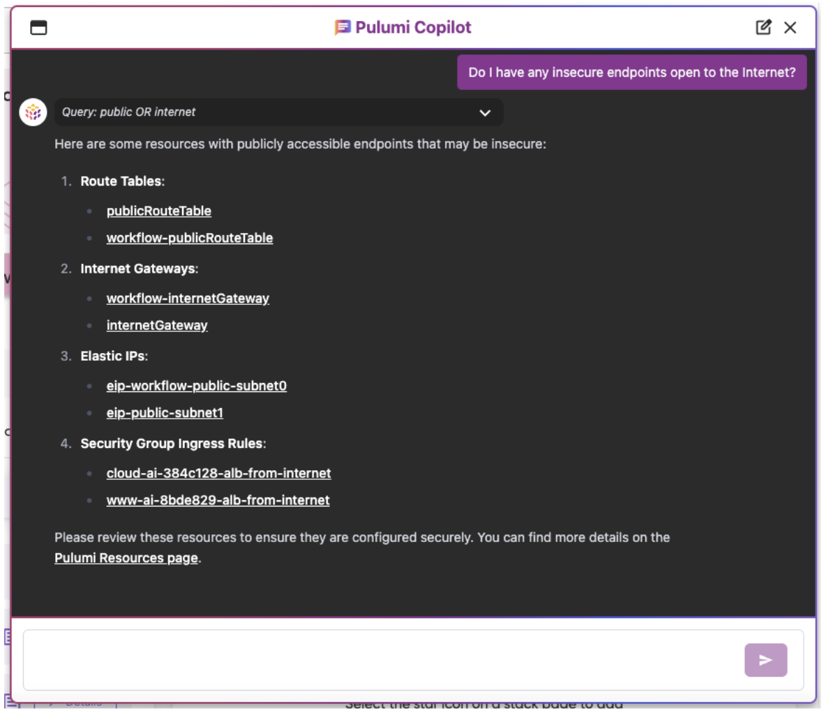 Pulumi Copilot question asking if any insecure endpoints exist