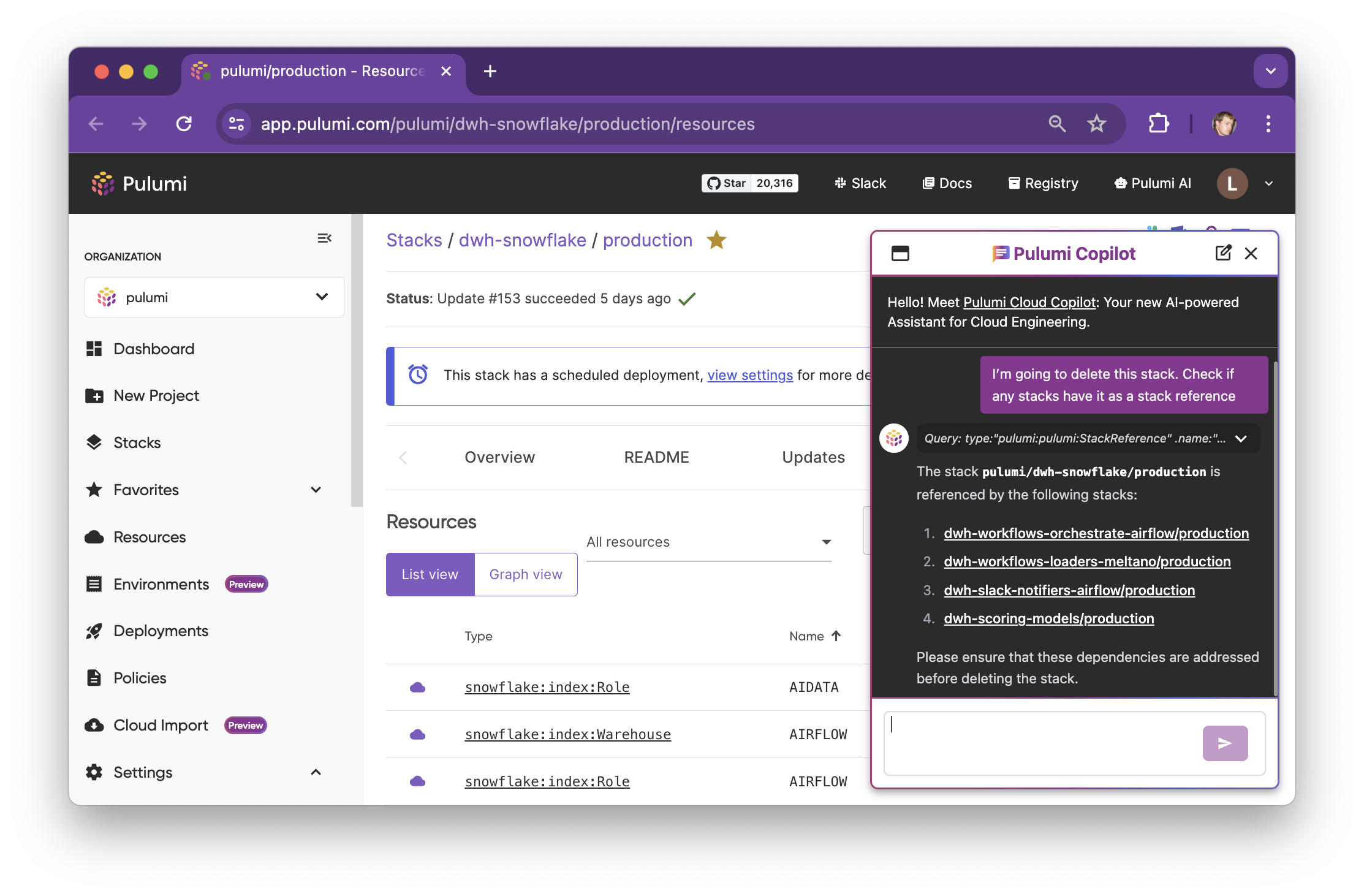 Stack references check in Pulumi Copilot window