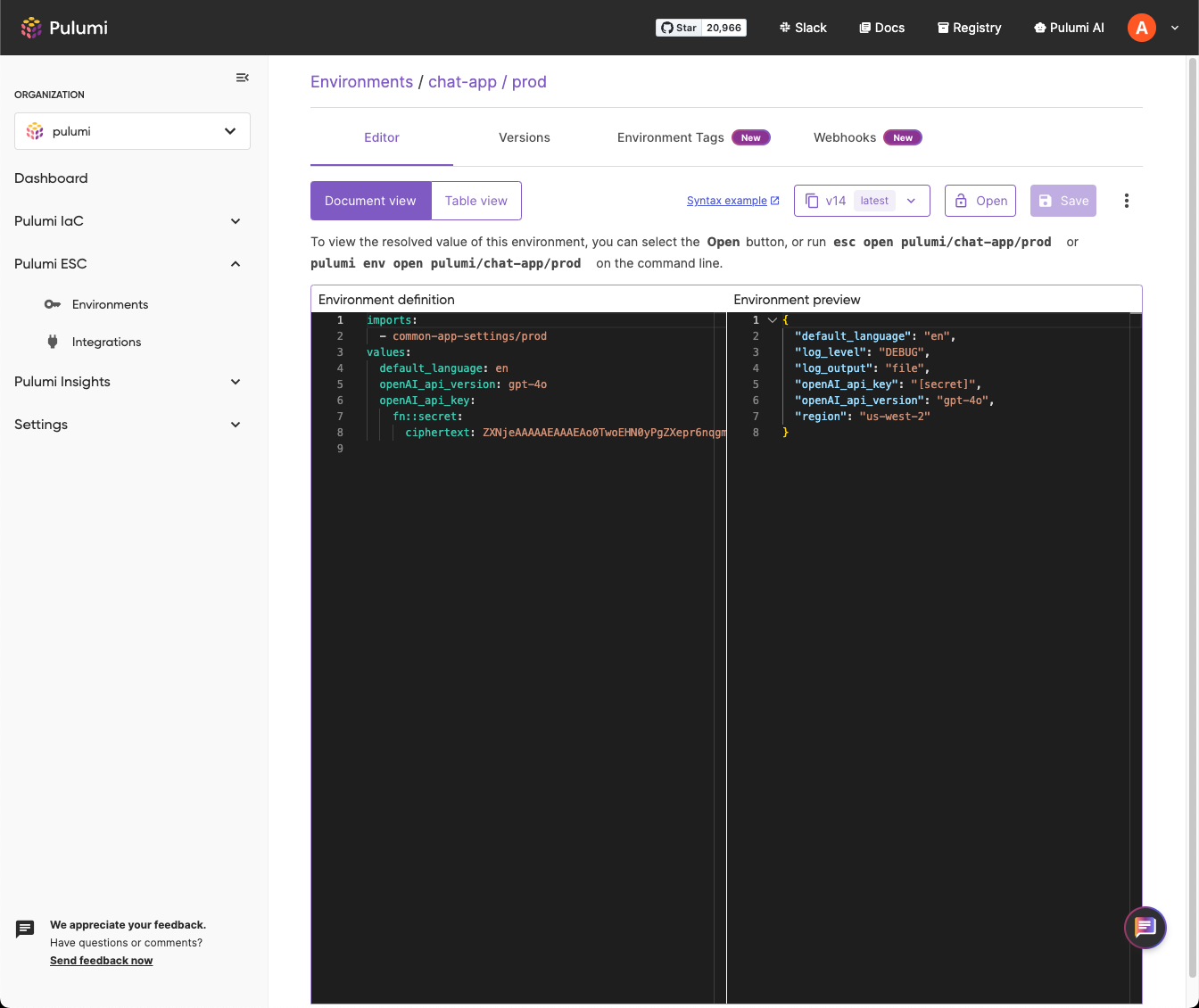 Pulumi ESC document view