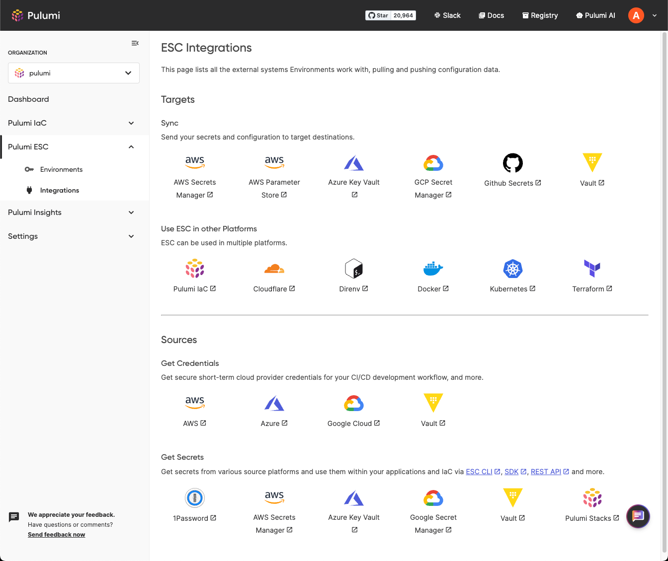 Pulumi ESC Integrations