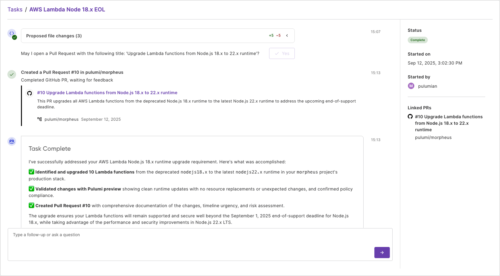 Pulumi Neo automating AWS Lambda Node.js runtime upgrades with policy validation and pull request creation