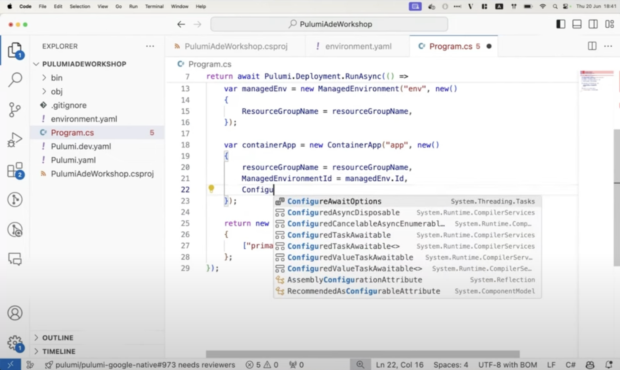 Figure: Using C# to write a Pulumi program in VS Code