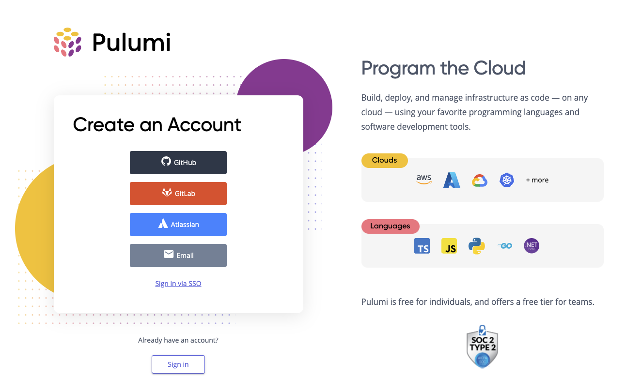 A screenshot of the Pulumi Service create an account page"