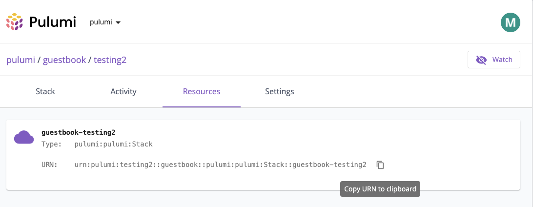 A screenshot of the Pulumi Service UI Resource page with resource URN
