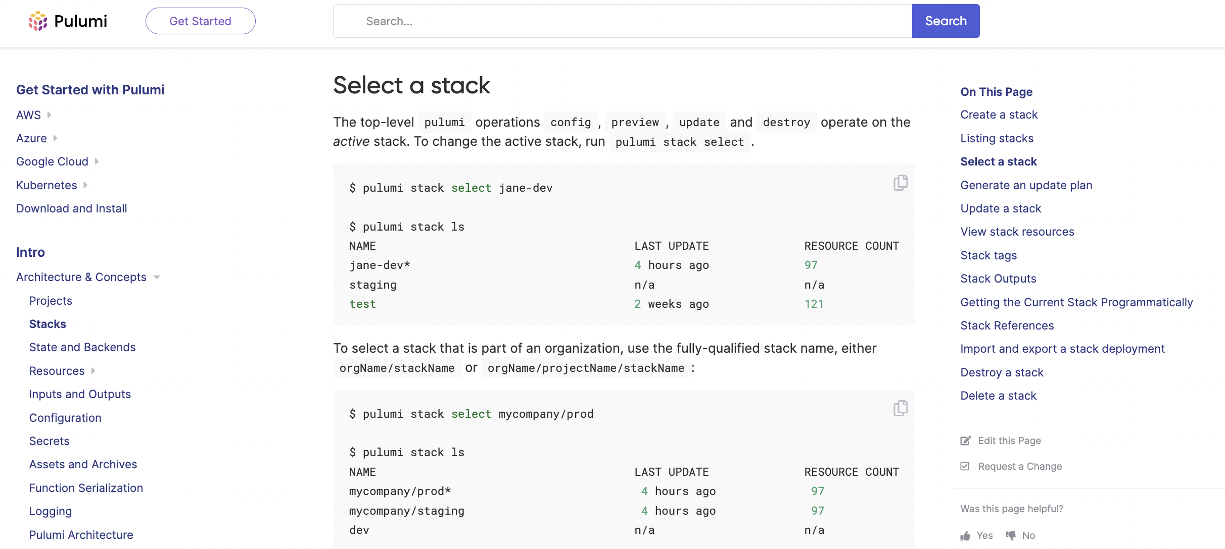 A screenshot of the Pulumi Docs  with updated search