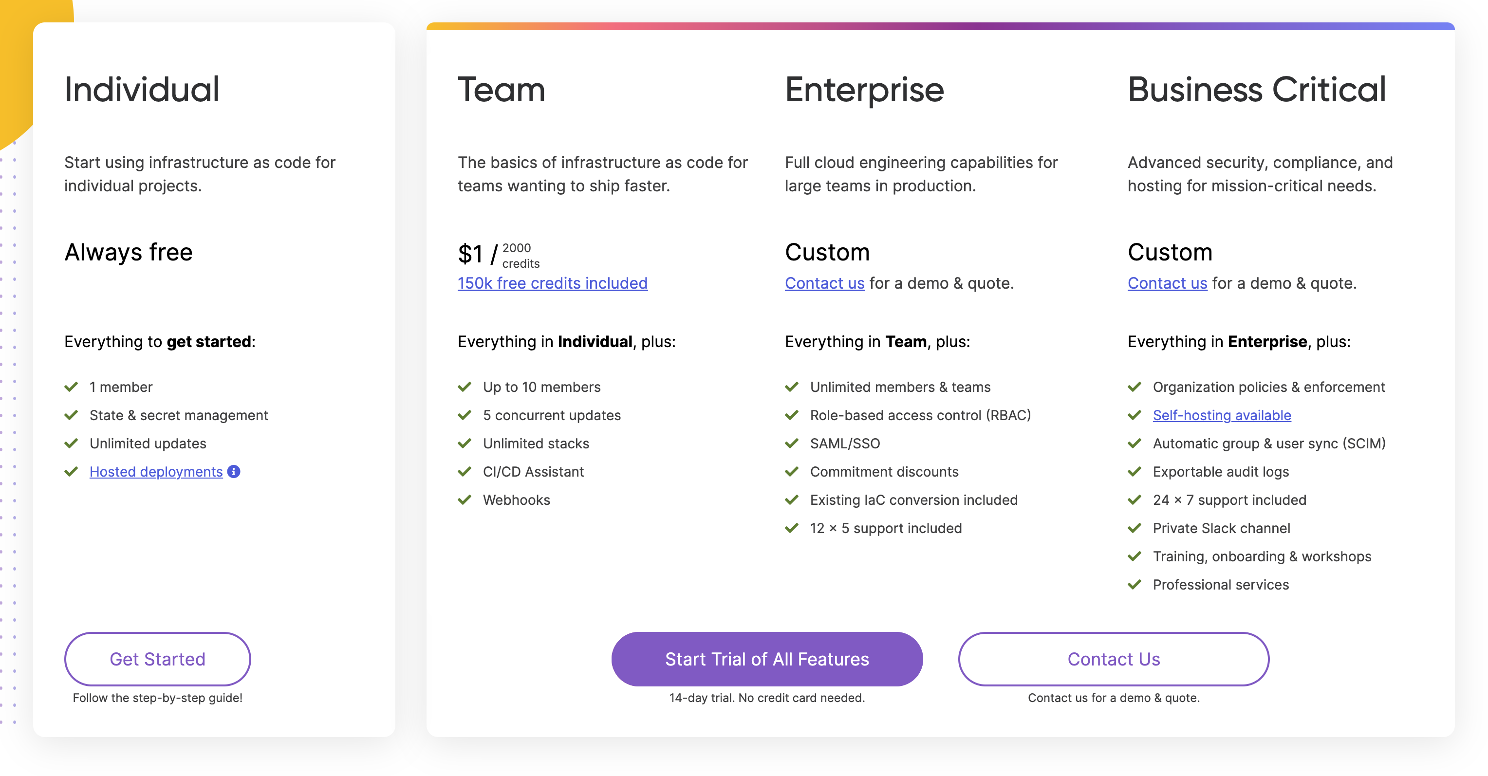 Screenshot of new pricing tiers from https://pulumi.com/pricing