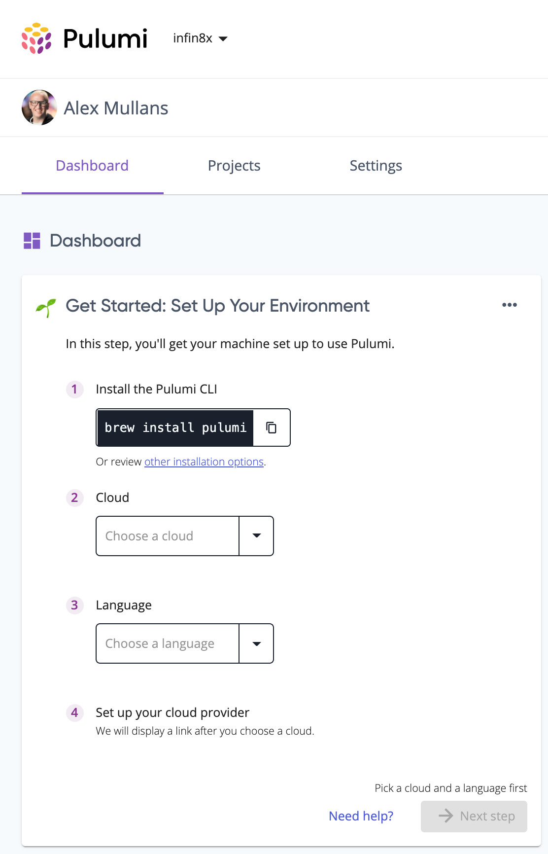 Screenshot of Get Started card from the Pulumi Service