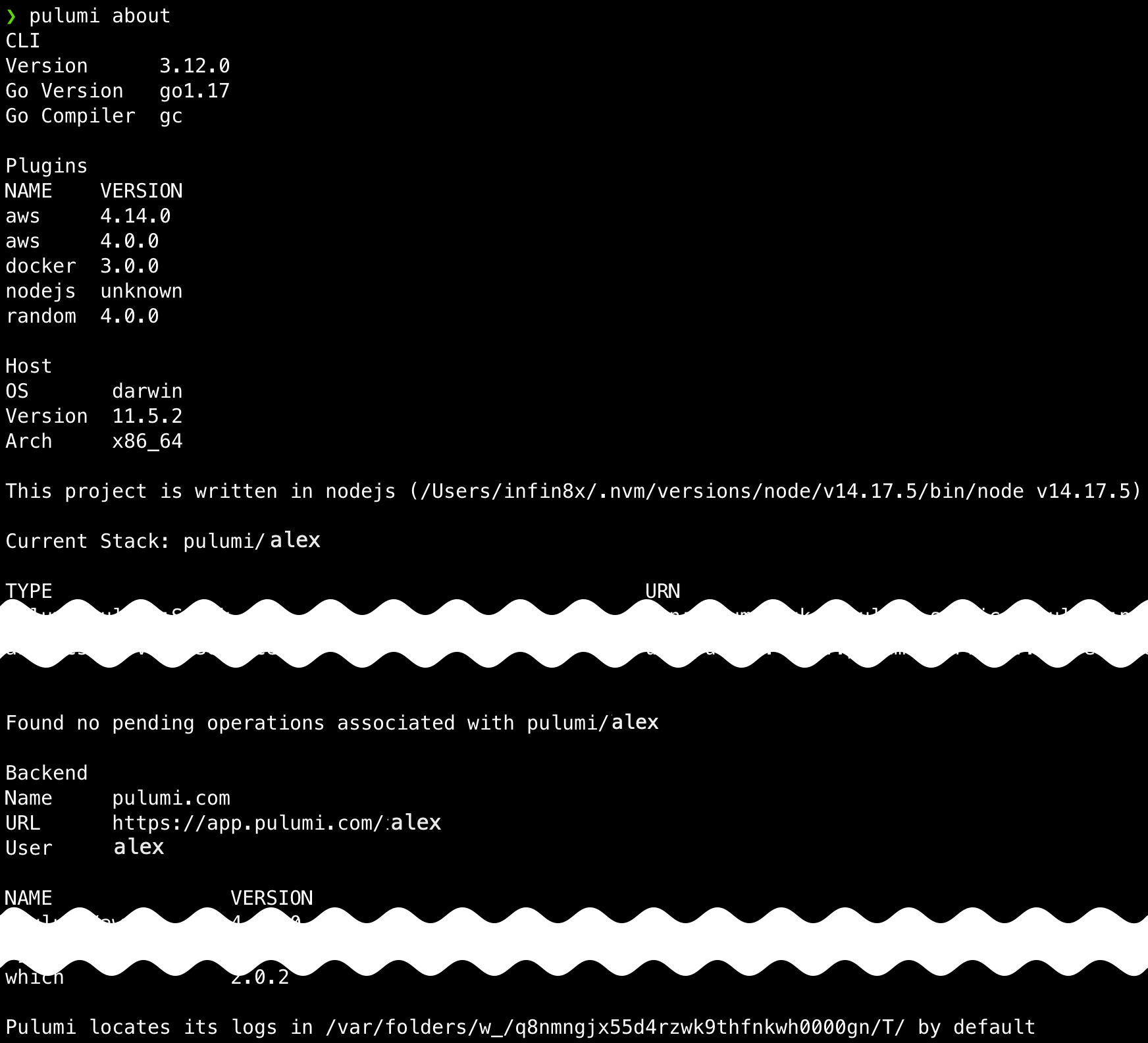 A screenshot of the output of the pulumi about command