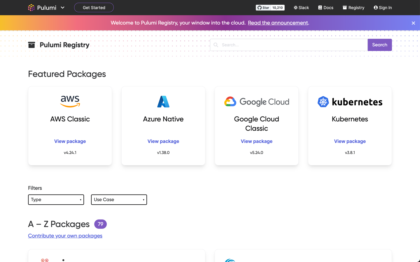 A screenshot of the Pulumi Registry home page