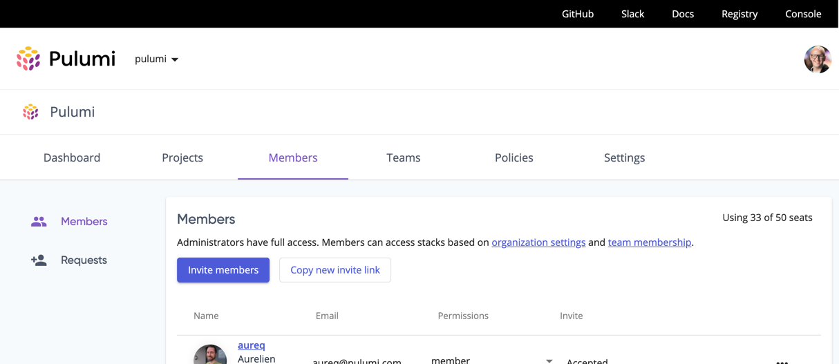 A screenshot of the Pulumi Service on the Members page showing the new button to “copy new invite link”