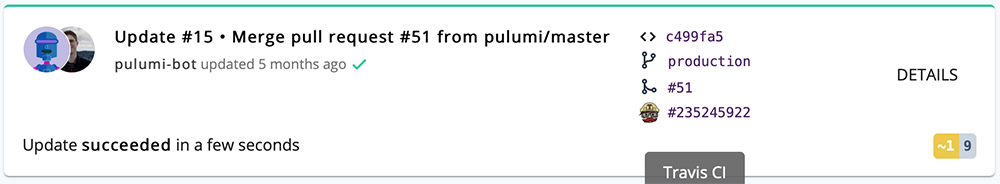 Link to the Travis CI Build from the Pulumi Service