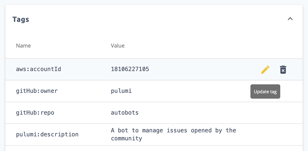 Updating stack tags within the Pulumi Service