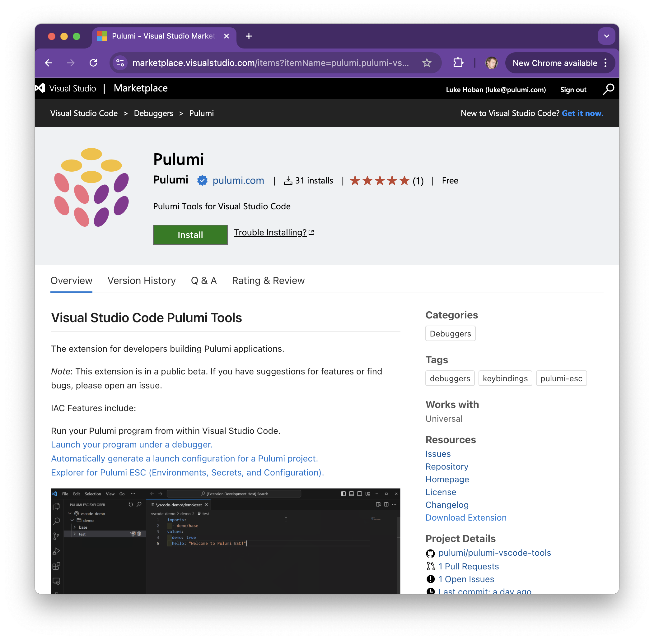 Pulumi VS Code Extension in Marketplace