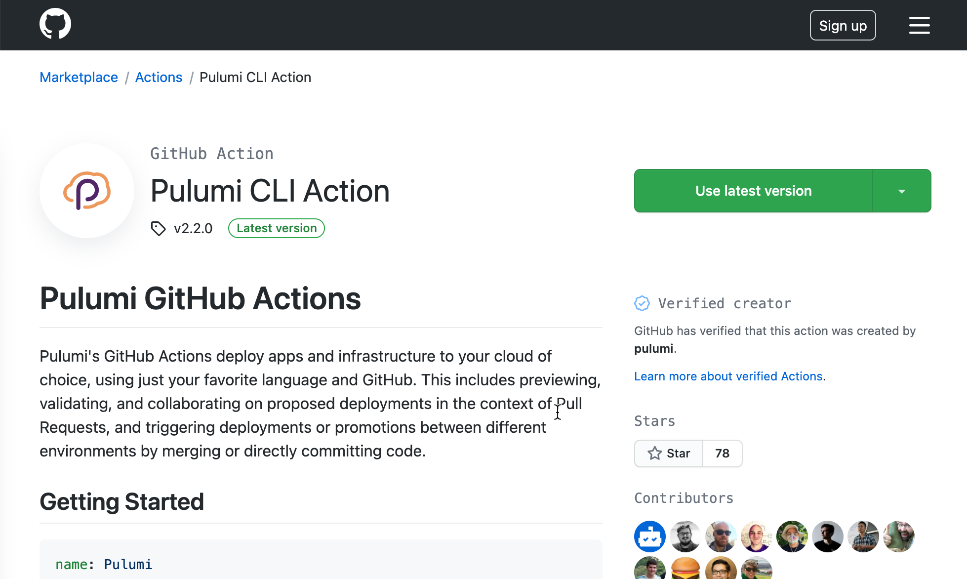 Screenshot of Pulumi GitHub Action listing in GitHub Marketplace