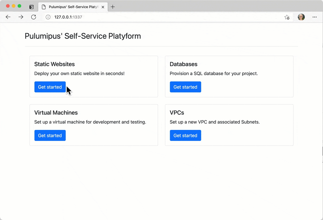 A GIF showing a static website being deployed to Amazon S3 using the Pulumipus Self-Service Platform