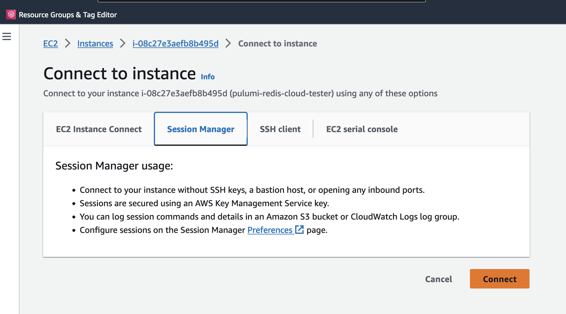 AWS EC2 connect dialog