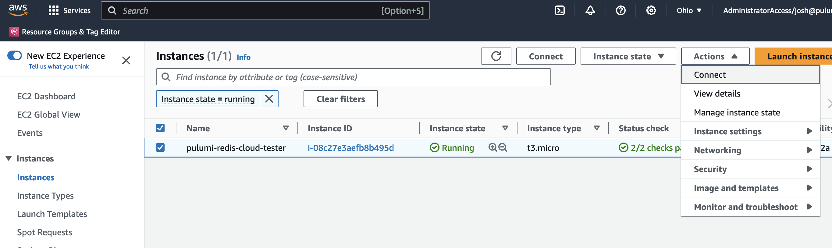 AWS EC2 console, listing available instances